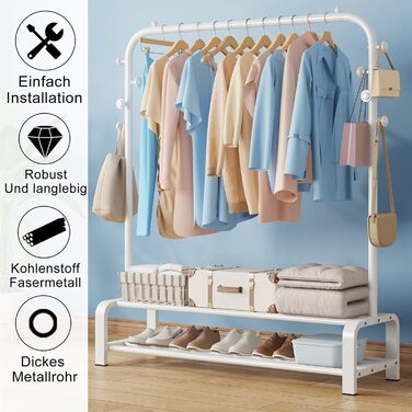 Clothes Rack, Coat Rack Stable Clothes Rod with 6 Hooks and 2 Shoe Shelf Storage Shelf, Bedroom Clothes Rack Freestanding Clothes Rail, (White)