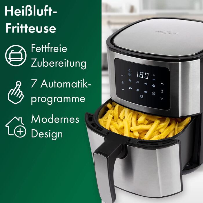 Аерофритюрниця ProfiCook 5,5 л, 1400 Вт, нержавійка, LED, 7 програм, без олії, для картоплі та нагетсів