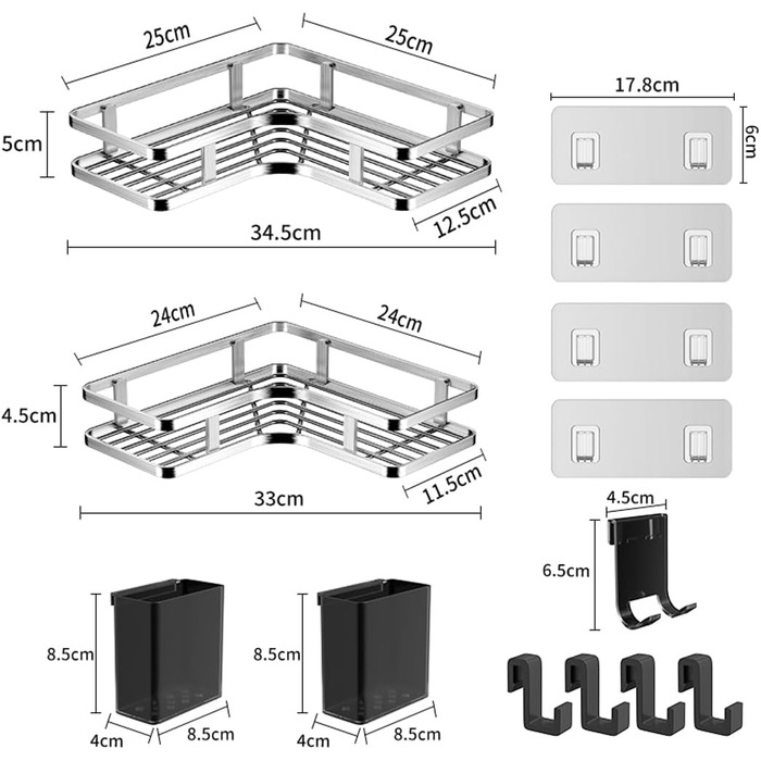 Поличка для душу без свердління, кутова, 2 шт. Органайзер для ванної кімнати з 4 гачками, чорний (A-silver)