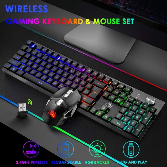 FELiCON Набір комбо для бездротової клавіатури та миші, 4800mAh, RGB-підсвічування, 16 режимів, керування кнопками, ергономічний дизайн, 7 кольорів, чорний K&M