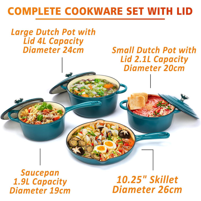 Набір чавунної емальованої посуду Denmay 7 предметів: голландська піч, сковорода, каструля для тушкування, соусник, 3 кришки. Підходить для всіх типів плит, з органайзером, блакитний