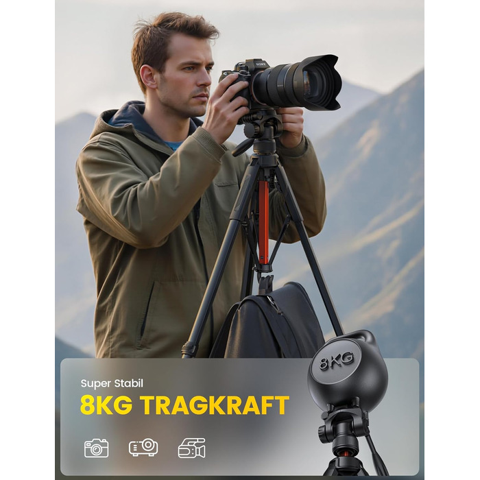 Штатив для камери та смартфона Lamicall Tripod: посилений трипод з швидким відкриттям, вантажопідйомність 8 кг, висота до 170 см, 4 рівні регулювання, помаранчевий