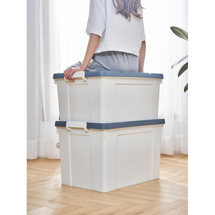 Cetomo Plastic Storage Box - Box with Durable Lid and Safety Closure, Stackable and Nestable, 3-Pack, White (65L * 6)