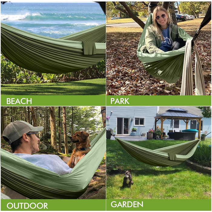 Гамак для відпочинку на природі та кемпінгу: двомісний, 300 x 200 см, ультралегкий, до 300 кг, нейлон, дихаючий, зелений