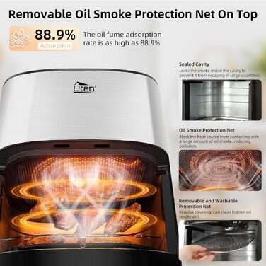 Ультра-сучасна аерофритюрниця Uten Dual Blaze 2000 Вт, без олії, 5,5 л, з оглядовим вікном, 14 програм, рецепти, відкладений старт, без перевертання продуктів, срібляста, квадратна форма
