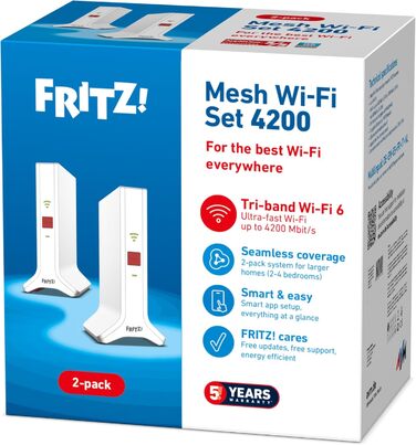 Набір FFRITZ!Mesh 4200 (2 шт.) - Mesh-система Wi-Fi 6 (Triband), до 4200 Мбіт/с, охоплення до 5 кімнат, для міжнародного використання