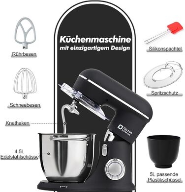Кухонний комбайн Kitchen in the box, планетарний міксер з чашами 4,5 л та 5 л, 1300 Вт, 10+ швидкостей, з насадками (гак, міксер, вінчик), чорний