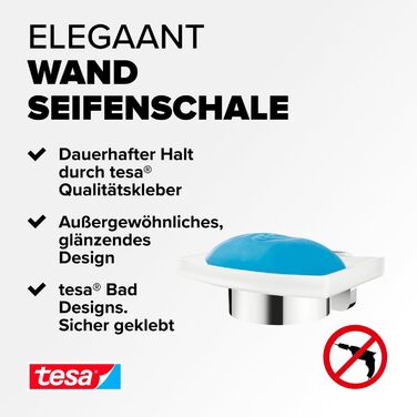 tesa ELEGAANT Soap Dish with Wall Holder, Satin Glass and Chrome-Plated Stainless Steel - for wall mounting without drilling, incl. adhesive solution - 79mm x 124mm x 119mm