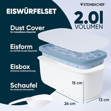 STEINBACHER® Premium Ice Cube Box | Large Ice Cube Container + Silicone Ice Cube Tray in Tested Food Grade Quality (Set) BPA-Free & Dishwasher Safe - Perfect for Drinks & Baby Food (Arctic Blue)