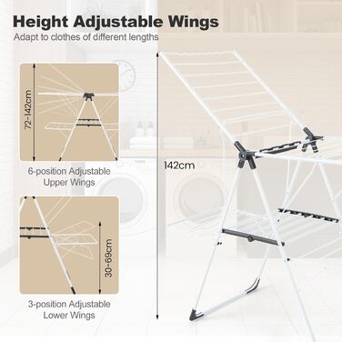 Стійка для сушіння білизни HOMASIS, розкладна, з 2 крилами, регульована, 6 рівнів, з вішалкою та прищіпками, для балкону (біла)