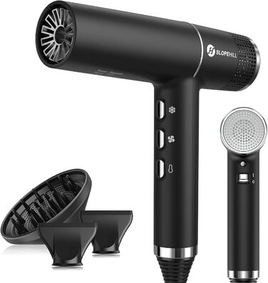 Фен Slopehill з унікальним безщітковим мотором | Інтелектуальна діагностика несправностей | Інноваційний мікрофільтр | Технологія Oxy Active | LED-дисплей | Суперлегкий 268г, 2000W (Чорний)
