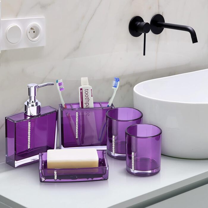 5-Piece Bathroom Accessory Set includes emulsion bottle, toothbrush holder, 2 rinsing cups, soap dish, plastic gift bath set, white (purple)