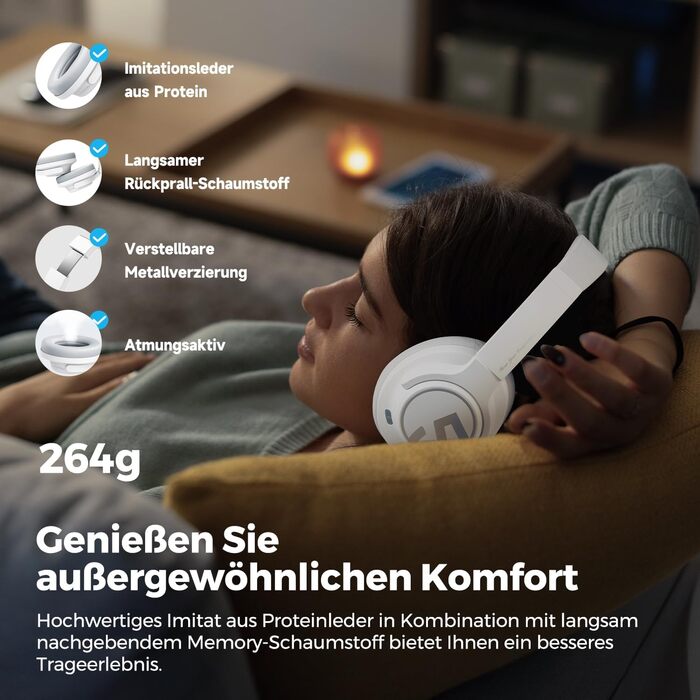 SoundPEATS Space: Бездротові навушники Over-Ear з гібридним ANC, ENC-мікрофоном та 40мм драйверами (білі)