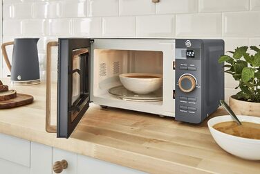 Мікрохвильова піч Swan Nordic Digitale 20 л, 800 Вт, 6 режимів, таймер 30 хв, розморожування, сірий матовий, з декором з дерева