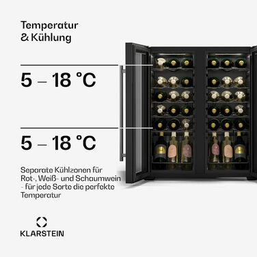 Klarstein Wine Fridge - 16 Bottle Dual Zone Wine Cooler with Glass Door - Compact Indoor/Outdoor Beverage Refrigerator - 5-18°C Temperature Range