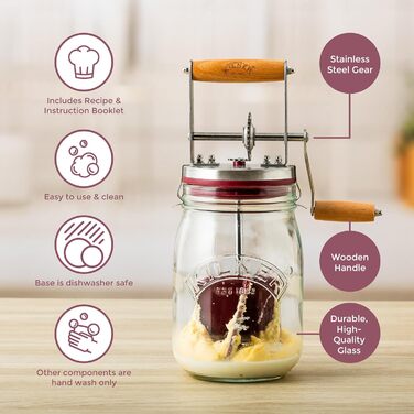 Kilner Butter Churn Glass with Hand Crank, make delicious butter yourself in just 10 minutes, with silicone stirrer, 1L, incl. instructions and recipes, also for herb butter, garlic butter, etc., 27 cm tall