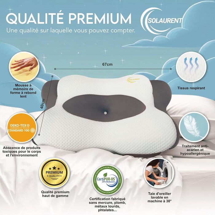 SOLAURENT Ergonomic and Orthopedic Neck Pillow, All Sleeping Positions, Anti-Snoring, Anti-Sleep Apnea, Comfort and Premium Quality, Memory Foam, Ökotex and Certi-Pur (Gray)