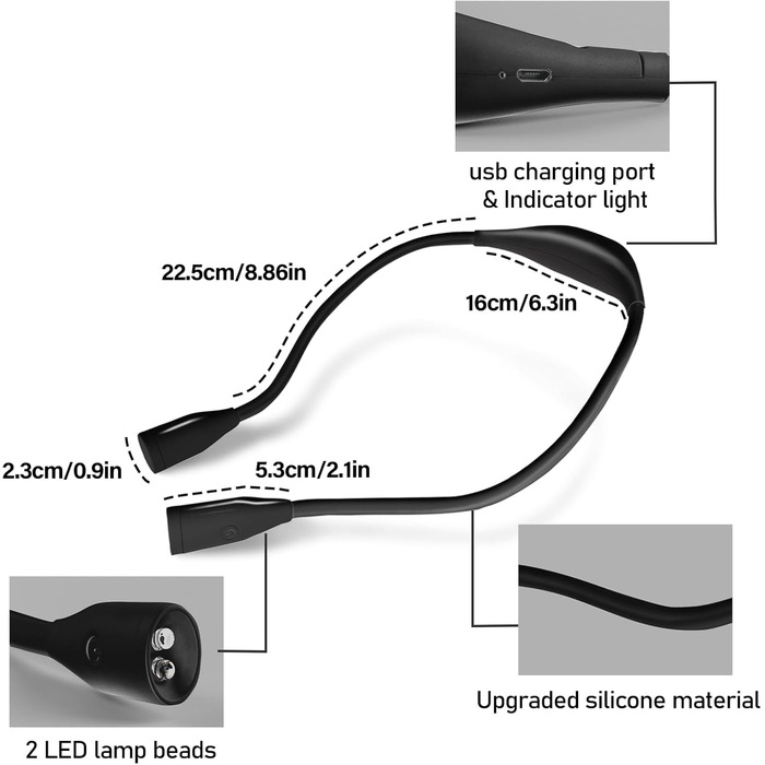 Ліхтарик для читання Schwarze Hals LED, USB акумулятор 1000mAh, 3 режими яскравості, для рукоділля, ремонту, шиття, майстерні, риболовлі, чорний