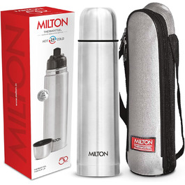 Термос Milton Thermosteel Flip Lid 1000 мл з подвійними стінками, вакуумна ізоляція, нержавіюча сталь, без BPA, з кришкою-фліпом, срібний | 1 літр, 24 години зберігання тепла та холоду