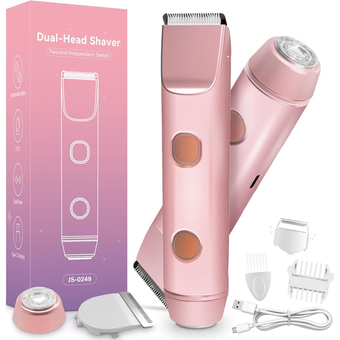 Електричний жіночий тример AOMEES 2-в-1 для обличчя, тіла та зони бікіні, IPX7, бездротовий, перезаряджається, рожеве золото