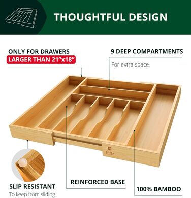 Органайзер для кухонних ящиків з бамбука – тримач для столових приборів та кухонного начиння (9 відділень, натуральний колір)