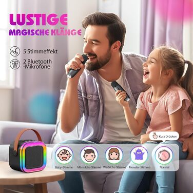 Караоке-машина для дітей 3-12 років Dislocati з 2 мікрофонами Bluetooth, портативна музична іграшка зі світлодіодним підсвічуванням, чорна