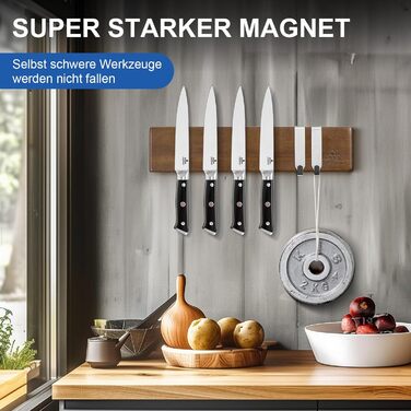 ENOKING Magnetic Knife Strip 26 cm, Magnetic Knife Block without Knives, Magnetic Knife Holder made of Acacia Wood with 2 Hooks