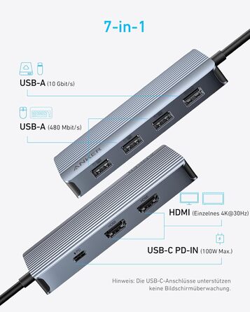 Хаб USB-C Anker 7-в-1: Док-станція з двома HDMI, 100W живлення, 10Gbit/s, USB для MacBook, Dell, iPad