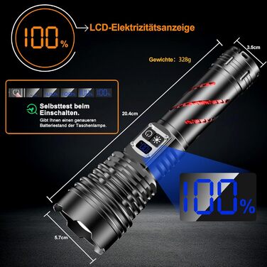 Ліхтар LED акумуляторний 1000000 люменів, тактичний ліхтар, 2 режими, регулювання яскравості, USB, для кемпінгу та надзвичайних ситуацій, чорний