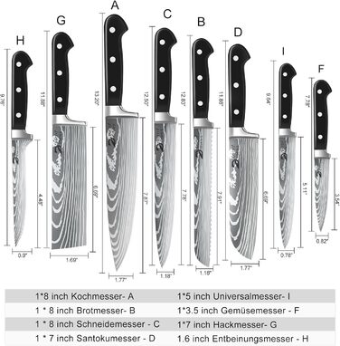 Набір кухонних ножів Dfito, 8 предметів: професійний набір з нержавіючої сталі з високовуглецевої сталі, гострі ножі для кухаря, чорна ручка