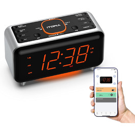 iTOMA Radio Alarm Clock with App Control, Bluetooth, FM Radio, Dual Alarm with 4 Alarm Modes, Easy Snooze, Dimmer, Orange Night Light, 12/24 Hr via USB Charging Port CKS208