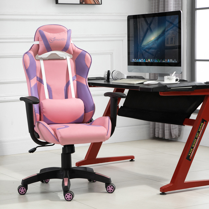 Vinsetto Gaming Chair Ergonomic Office Chair, Swivel Chair, Adjustable Massage Lumbar Cushion, Height Adjustable, Pink & Violet, 69x56x125.5cm | Aosom