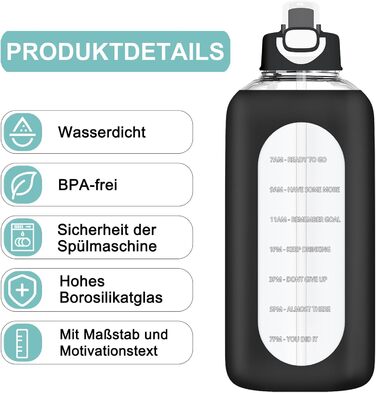 2 Liter Glass Drinking Bottle, 2l Glass Bottle, Glass Water Bottle with Straw, Bottle Brush, Black