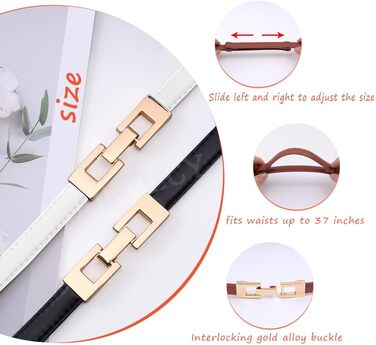 Жіночі шкіряні ремені (2 шт.) - тонкі, з золотою пряжкою для суконь та пальто (чорний+білий)