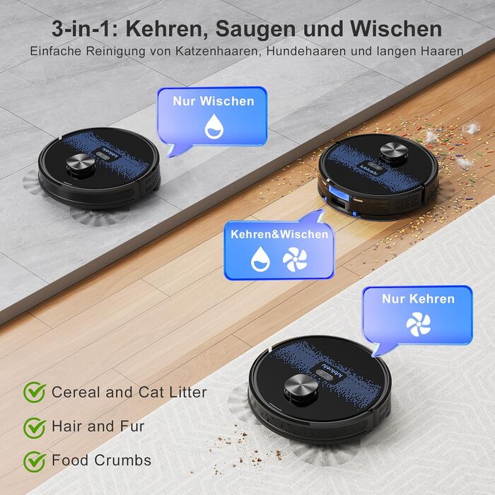 Робот-пилосос Lubluelu 3-в-1 з док-станцією, 4500Pa, функція вологого прибирання, лазерна навігація, керування через додаток, для тварин, килимів, твердих підлог (чорний, блакитний)