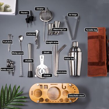 Набір бармена DUEBEL професійний 24 предмети, з сумкою для подорожей та бамбуковою підставкою - для приготування коктейлів