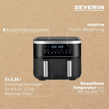Сендвічна аерофритюрниця SEVERIN FR 2453, 2 x 3,8 л, 2850 Вт, 8 програм, подвійна безжирова фритюрниця з функцією сушіння, чорна/срібляста, XXL, для здорового приготування їжі