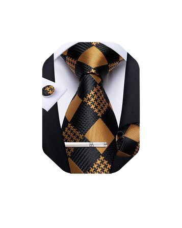 Чоловіча краватка DiBanGu з шовку, візерунок пає, квітковий принт, комплект: краватка, нагрудна хустинка, краватки-застібки, краваткова блискавка, класичний стиль, для весілля, свят, чорно-золота в клітинку