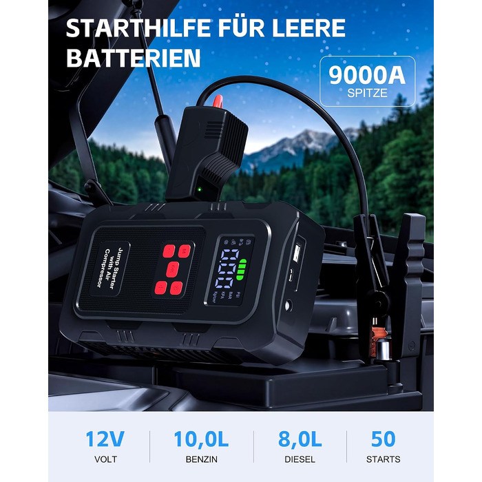 Пусковий пристрій Povasee Jump Starter 9000A з компресором 150 PSI та павербанком, автомобільний бустер 12V для бензинових та дизельних авто, з ліхтарем (Чорно-червоний)