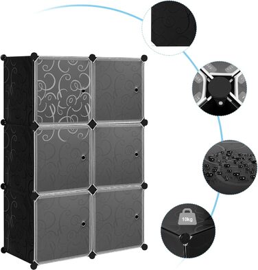 WOLTU Stackable Shoe Boxes, Shoe Rack with 6 Stackable Boxes, Storage Box with Door, DIY Shelf, Plastic Box for Shoe Storage, Shoe Organizer, 35x35x35 cm per Shoe Box, Black