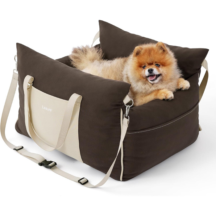 Pet Car Seat for Small Dogs - Waterproof and Washable Dog Car Seat with Storage Pockets, Detachable Safety Leash, and Thickened Memory Foam Filling, 58x56x33cm, (Brown)