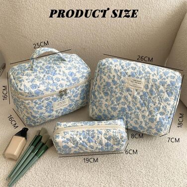 Набір 3 косметичні сумки для подорожей: дамська культбагаж з квітковим візерунком, степенева культбагаж, косметичка для макіяжу, портативна сумочка для дівчат та жінок (блакитний квітковий принт)