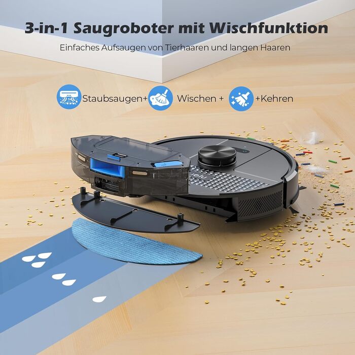 Робот-пилосос Lubluelu SL68 Plus 3-в-1 з вологою, 4500Pa, лазерна навігація, керування через додаток, 24 зони заборони, для тварин, килимів