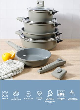Набір кухонного посуду Sur La Table Kitchen Essentials 13 предметів, керамічне покриття, антипригарне, для індукційних плит, знімний ручка, зелений мох
