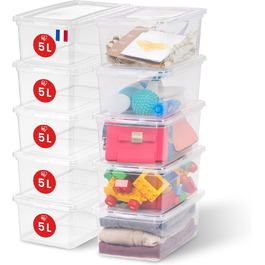Iris Ohyama Versatile Storage Boxes, 5L, 20-Piece Set, Transparent, Easy-Closing Lid, Stackable, For Closet, Shelves, Classroom, Organization, Toys, Art Supplies, Shoes, CNL-5 (5L / 10-Piece Set)