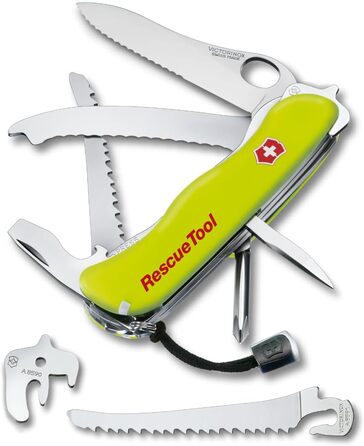 Мультитул Victorinox Rescue Tool MW - пожежний мультиінструмент, 13 функцій, лезо з хвилястим лезом, жовтий, світиться в темряві