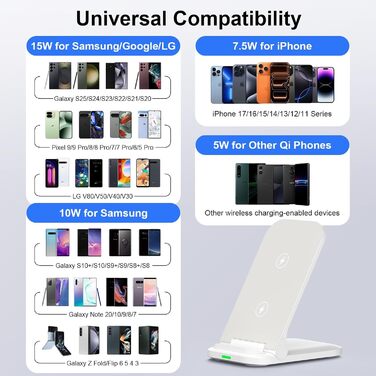 Бездротова зарядка Samsung 15W з адаптером 18W для Galaxy S25/S24/S23/S22/S21/S20, iPhone 17-11, Google Pixel 10/10 Pro/9 Pro – біла, складна