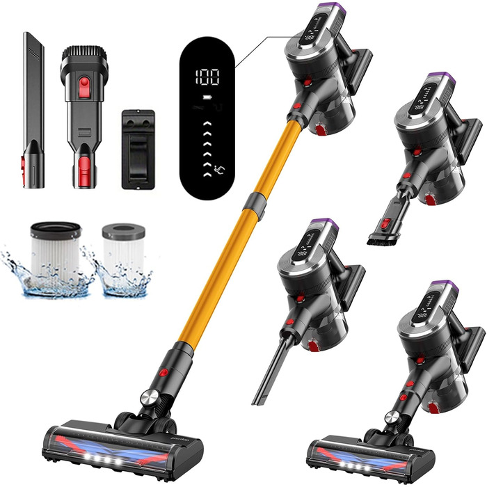 Акумуляторний бездротовий пилосос Hearten 4-в-1 з LED-дисплеєм та антизаплутувальною щіткою, керуванням в один дотик, LED-підсвічуванням для шерсті тварин/килимів/твердих підлог (Золотий)