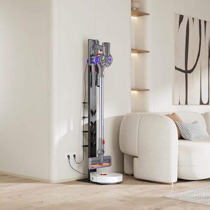 PureMounts Vacuum Cleaner Stand with Angled Baseplate for Robot Vacuums, 8 Accessory Holders, Compatible with Dyson V6, Dyson V7, Dyson V8, Dyson V10, Dyson V11, Dyson V12, Dyson V15, Black for Vacuum Cleaners + Robot Vacuums 8x Accessory Holders Black