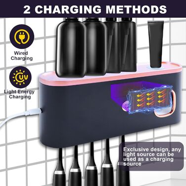 Автоматичний диспенсер зубної пасти з UV-дезінфекцією та тримачем для зубних щіток на 6 щіток, монтаж без свердління. Підходить для дітей та дорослих. Чорний колір